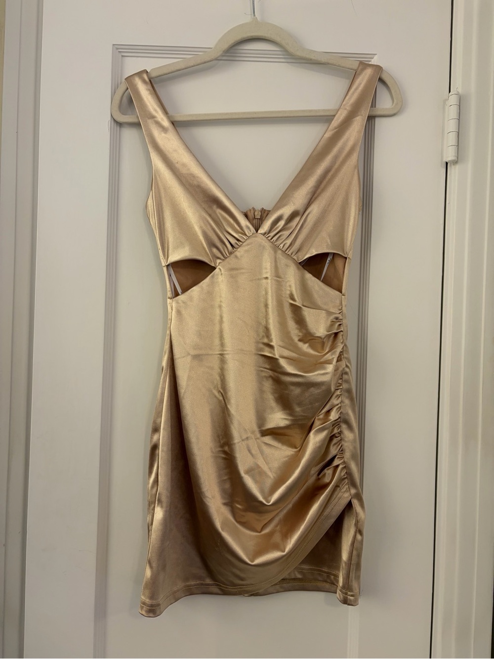 Lulus Gold Satin Cutout Ruched Bodycon Mini Dress XS NWT